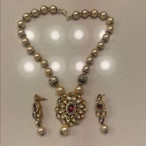 Kundan Stone & Pearl Necklace + Earring Set